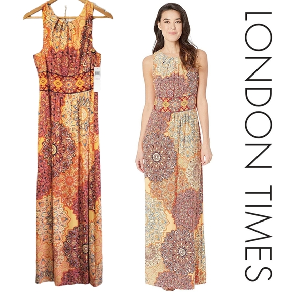 London Times Dresses & Skirts - NWT London Times Indian Dahlias Pleat Neck Maxi Dress